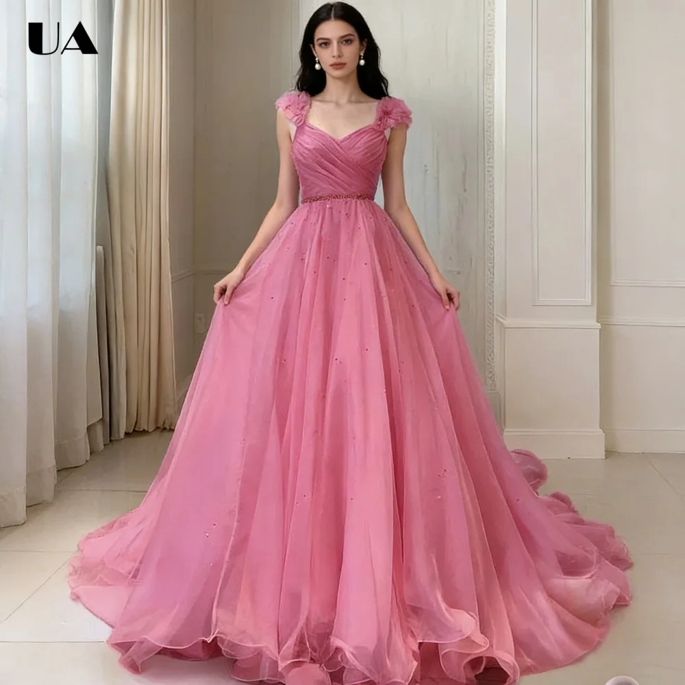 

ULBYANRY Customized Mesh A-line Ruffled Maxi Prom Dress Romantic Rhinestone Sleeveless Evening Dress Elegant Ruched Party Dress