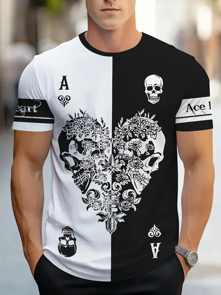 Modisches neues Herren-T-Shirt mit Totenkopf- und Pik-Print, Sommer, Rundhalsausschnitt, Kurzarm, Gothic, Casual, Streetwear, Oberteil für Herren