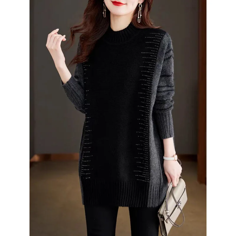 

Трикотаж, нижняя рубашка, женская новинка 2026, осенне-зимний свитер с полупущелым вырезом, женское длинное пальто, пуловер в западном стиле с топами