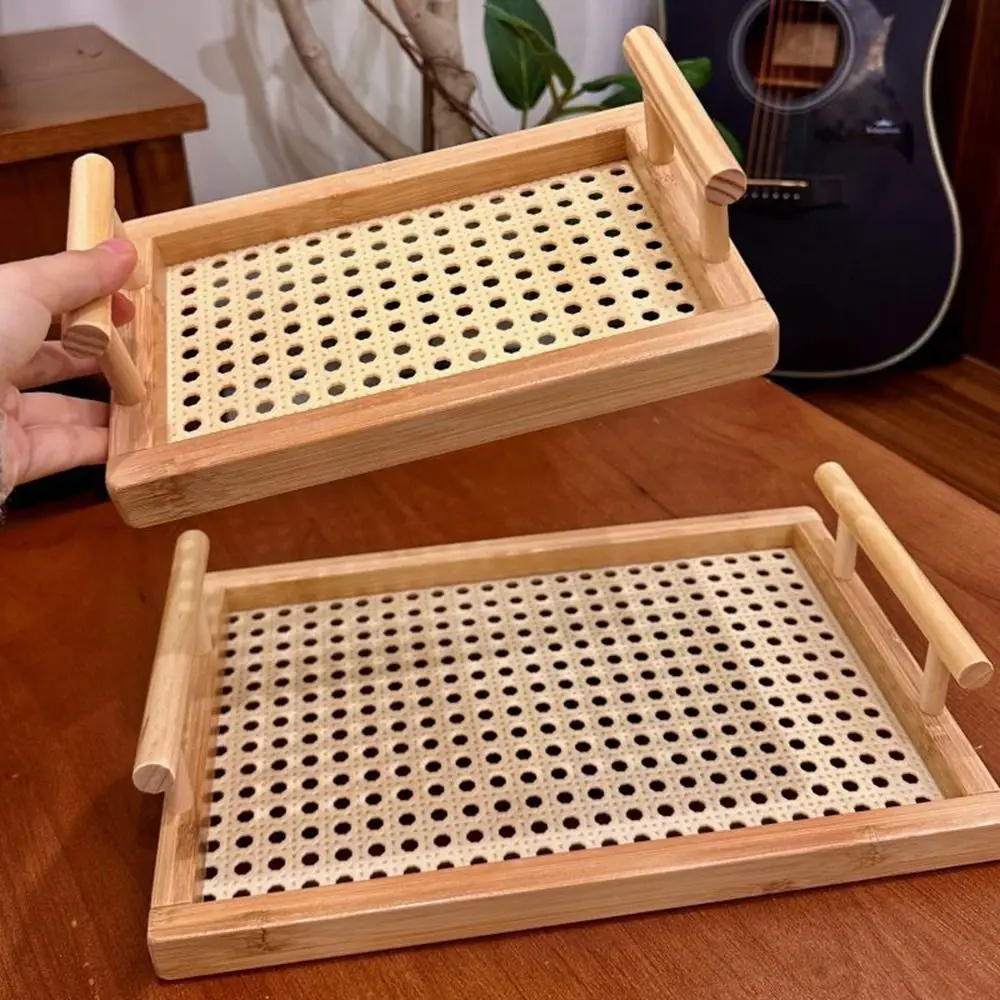 

Decorative Bamboo Hand-Held Tray Hollow Draining Kitchen Fruit Platter Handmade Rectangular Woven Wooden Basket Restaurant