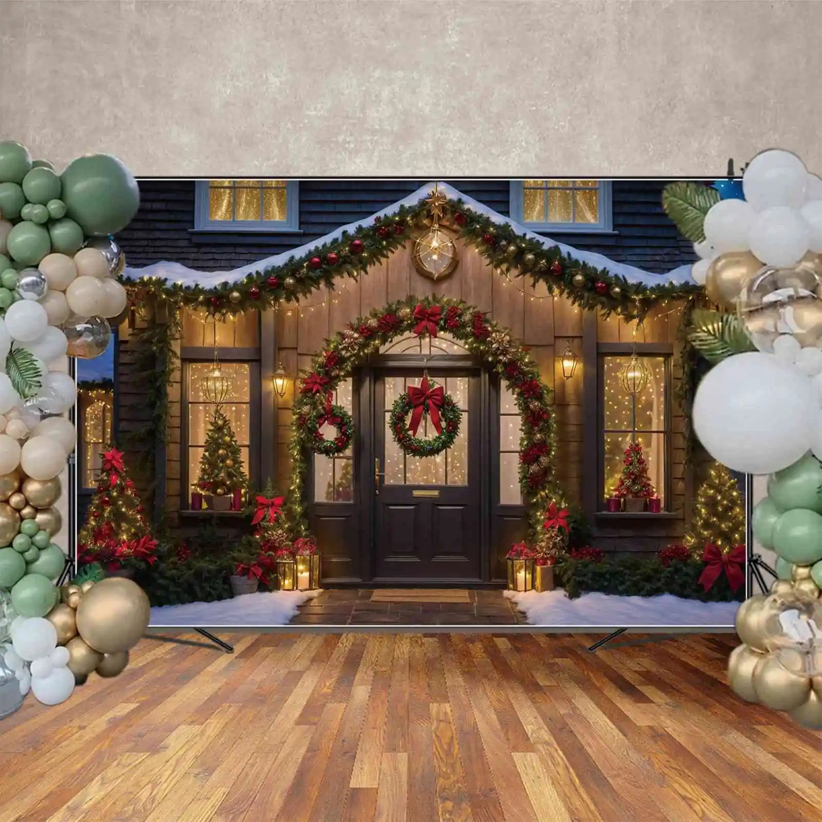 MOON.QG Backdrop Christmas Village Decorations for Home Background Wood Door Wreath Trees Gold Lights Party Props for Photoshoot
