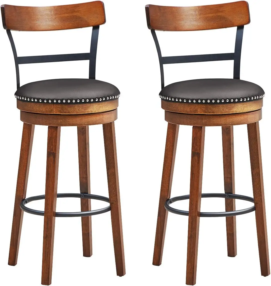 Costway Bar Stools Set Of 2, 360-Degree Swivel Stools With Leather Padded Seat, Single Slat Ladder Back & Solid Rubber Wood