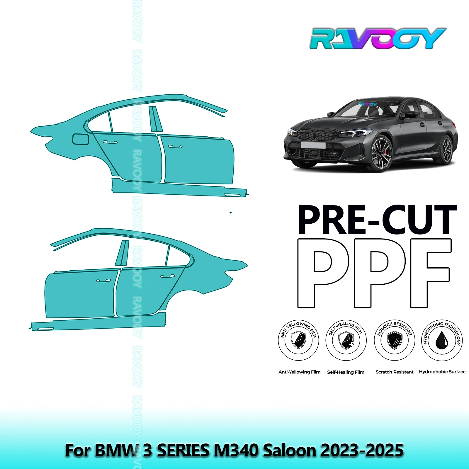

For BMW 3 SERIES M340 Saloon 2023-2025 8.5mil Clear Matte Pre-Cut PPF Door & A/B Pillar Kit TPU Paint Protection Film Set