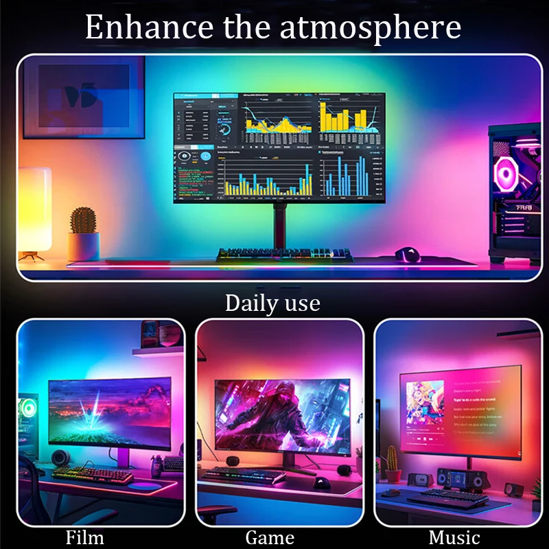 الألعاب الذكية الإضاءة المحيطة شاشة الكمبيوتر شاشة مزامنة ضوء قطاع الكمبيوتر الخلفية RGBIC مصباح الشريط مع موسيقى مزامنة اللون المنتقى