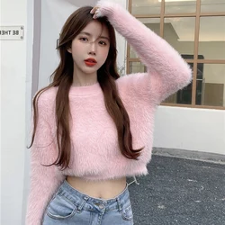 Rimocy Faux Mink Hair Cropped Sweaters Women Korean Fashion Long Sleeve Fluffy Sweater Woman Chic Solid Color Round Neck Jumpers