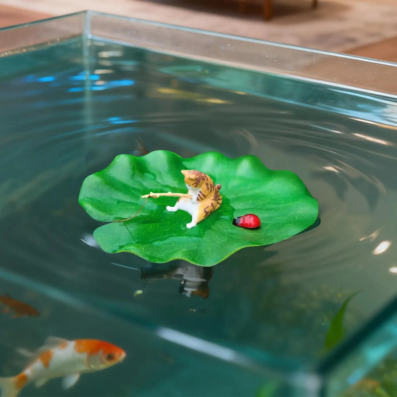 Katze beim Angeln auf schwimmendem Seerad, Katzen-Aquarium-Dekorationsmodell, Betta-Fischbecken-Dekorationsmodell für Gartenteich und Fischbecken – Detail 1