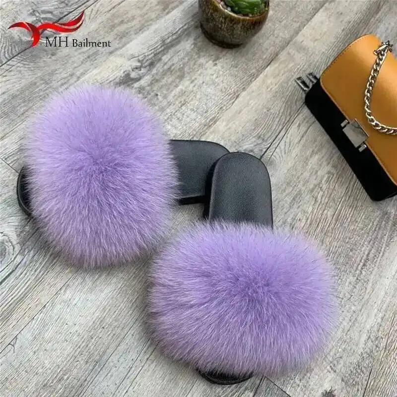 Zapatillas de piel de zorro para mujer, zapatos de Casa de diseñador de lujo, mullidos, bonitos, Chanclas de felpa para el hogar, Sandalias planas informales para exteriores de verano