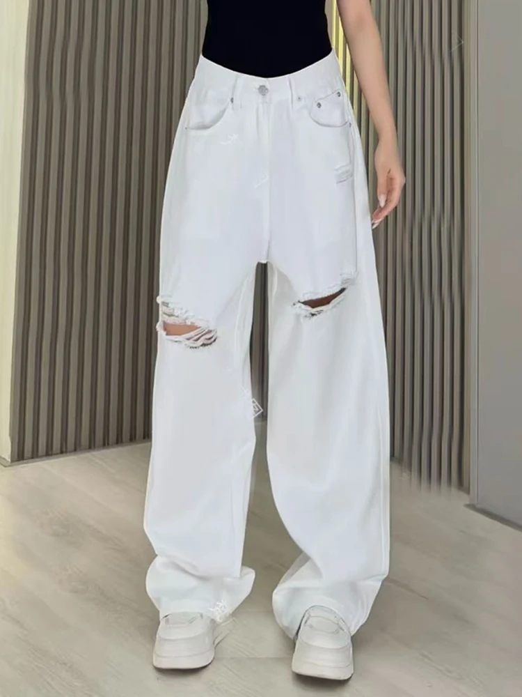 

Spring Summer New Style Loose Men's Jeans White Ripped Straight Leg Casual Trousers Unisex Long Pants Trendy American Hip Hop