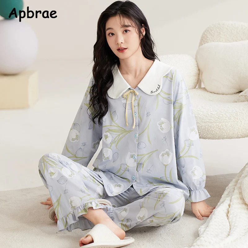 Cute Princess Style Pajama Autumn Winter New Women Pajamas Turn-down Collor Cotton Long Sleeves Sleepwear Woman Pijamas