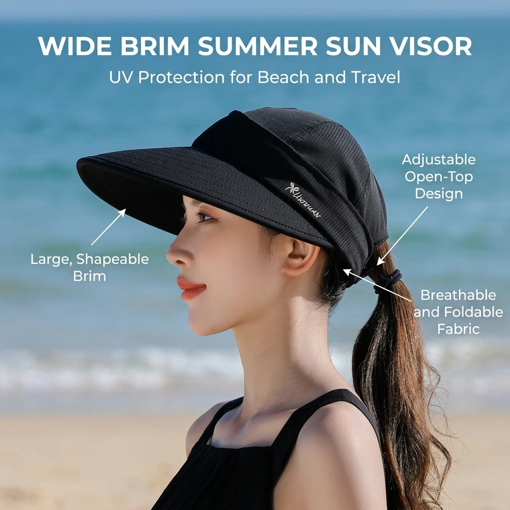 Breathable Summer Sun Hat Women UPF50+ UV Protection Wide Brim Detachable Top for Beach Outdoor Travel
