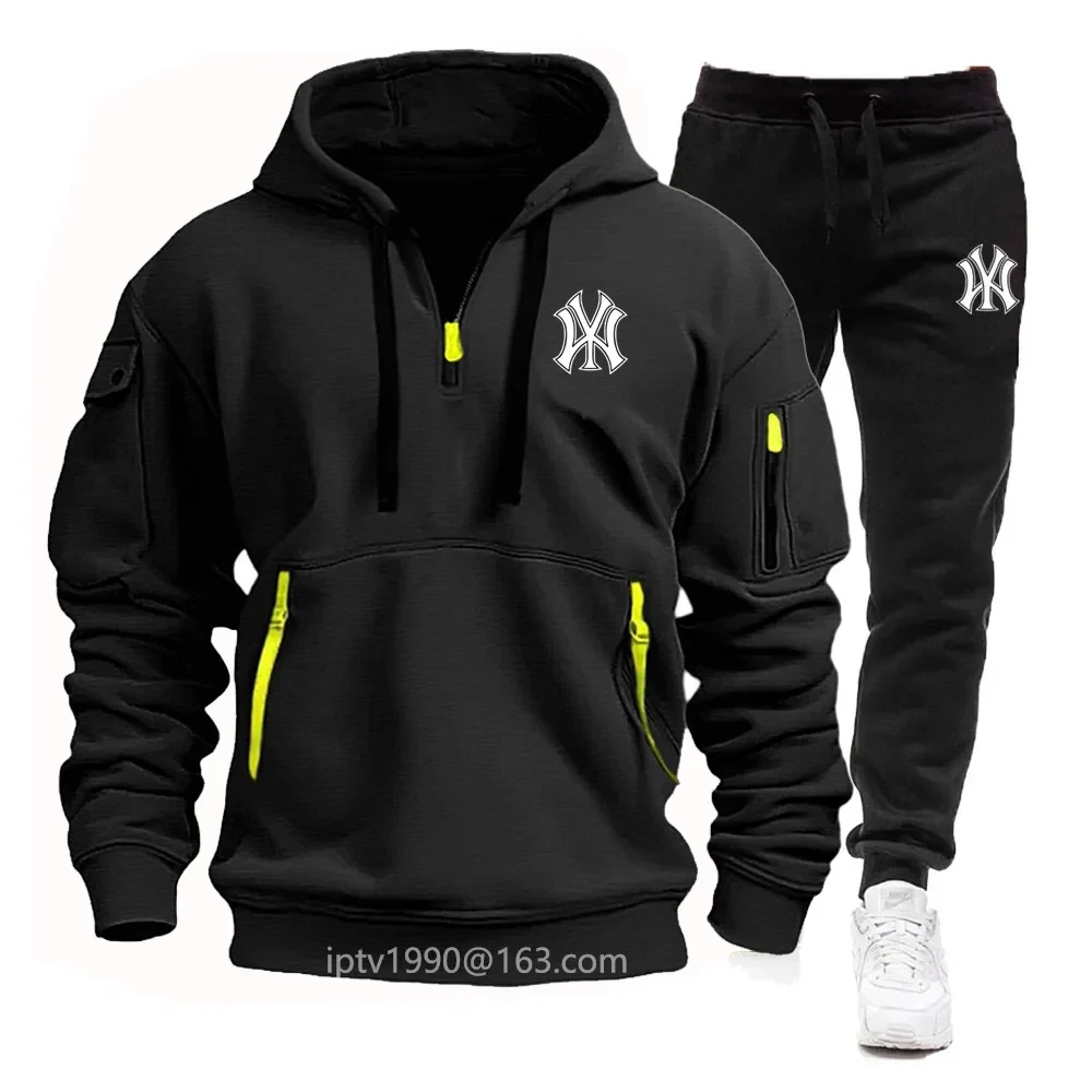 Men\'s new spring and autumn multi-pocket zipper hoodie + sports pants two-piece EU size jogging casual fitness sportswear suit