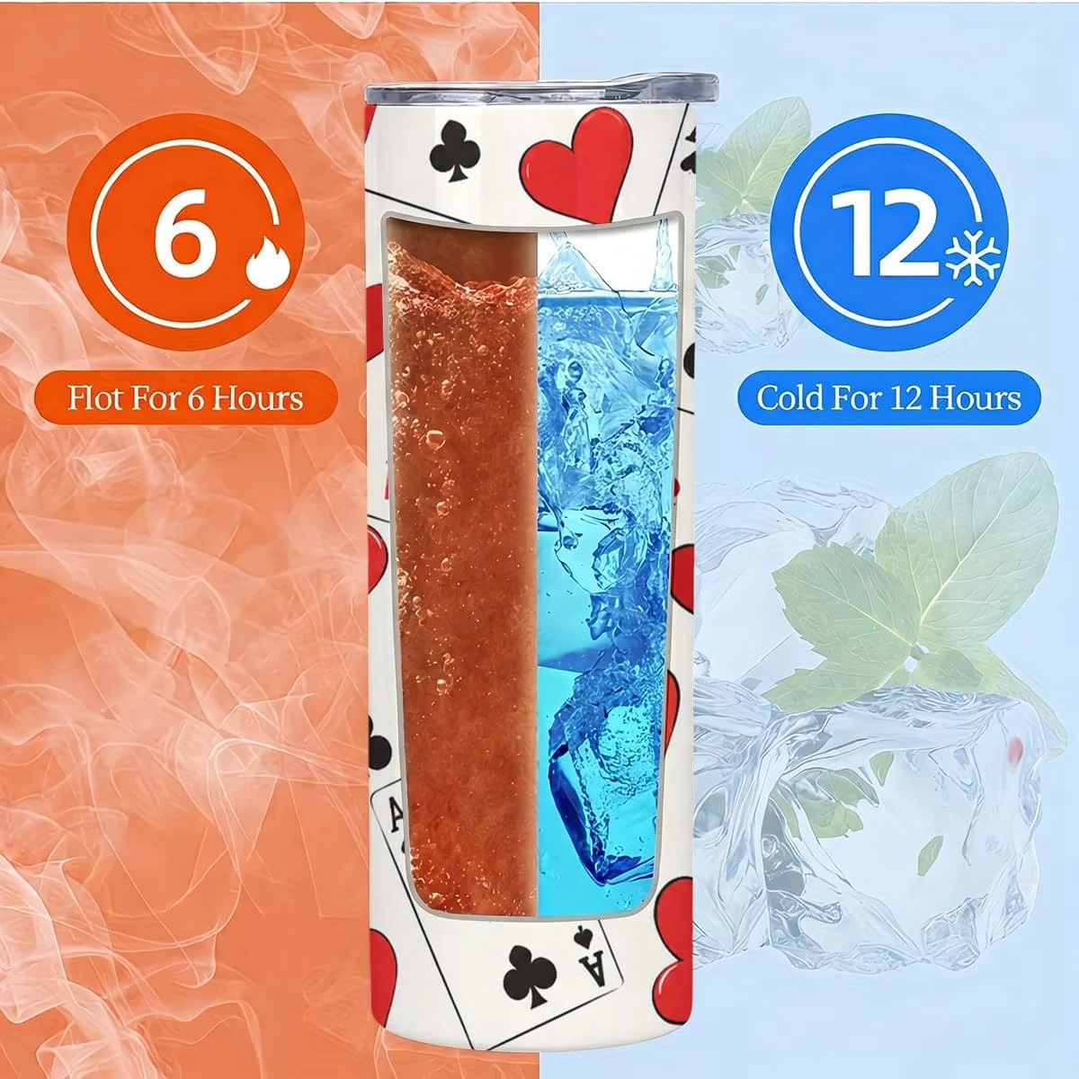 1pc 20Oz Poker Card Ace Heart Spade Club Diamond Pattern Stainless Steel Insulated Tumbler Coffee Office Travel Mug with Lid Cup Daily Use Leakproof And Bpa Free Keep Drink Hot And Cold Ideal Gift for Friends Family Colleagues on Birthday Christmas