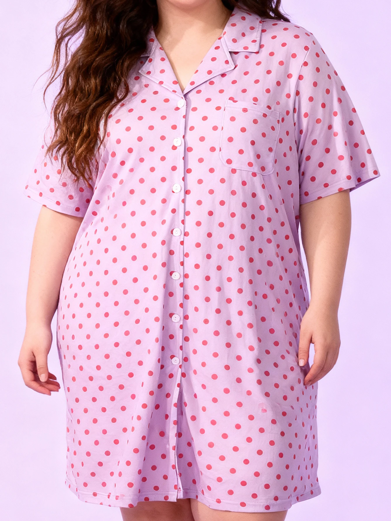 Camisón de Manga Corta con Cuello Solapa y Estampado de Lunares Retro para Mujer, Talla Grande, Primavera-Verano, Vestido de Dormir Suave para el Hogar