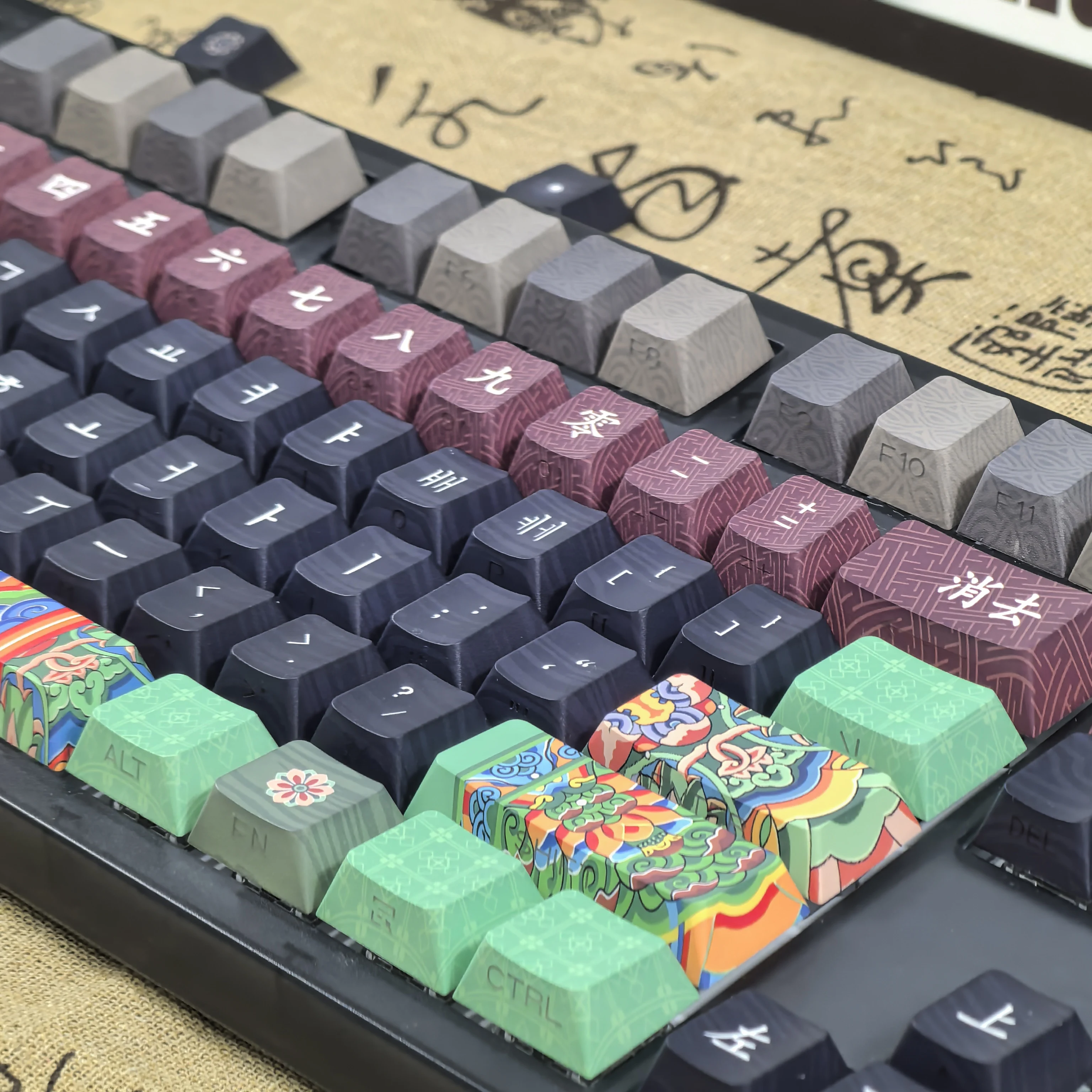 Retro Korean Keycap Dark Blue Ancient Architectural Pattern Chinese Style Cherry Pbt 'L' Enter Key Alice Layout Dancheong Keycap