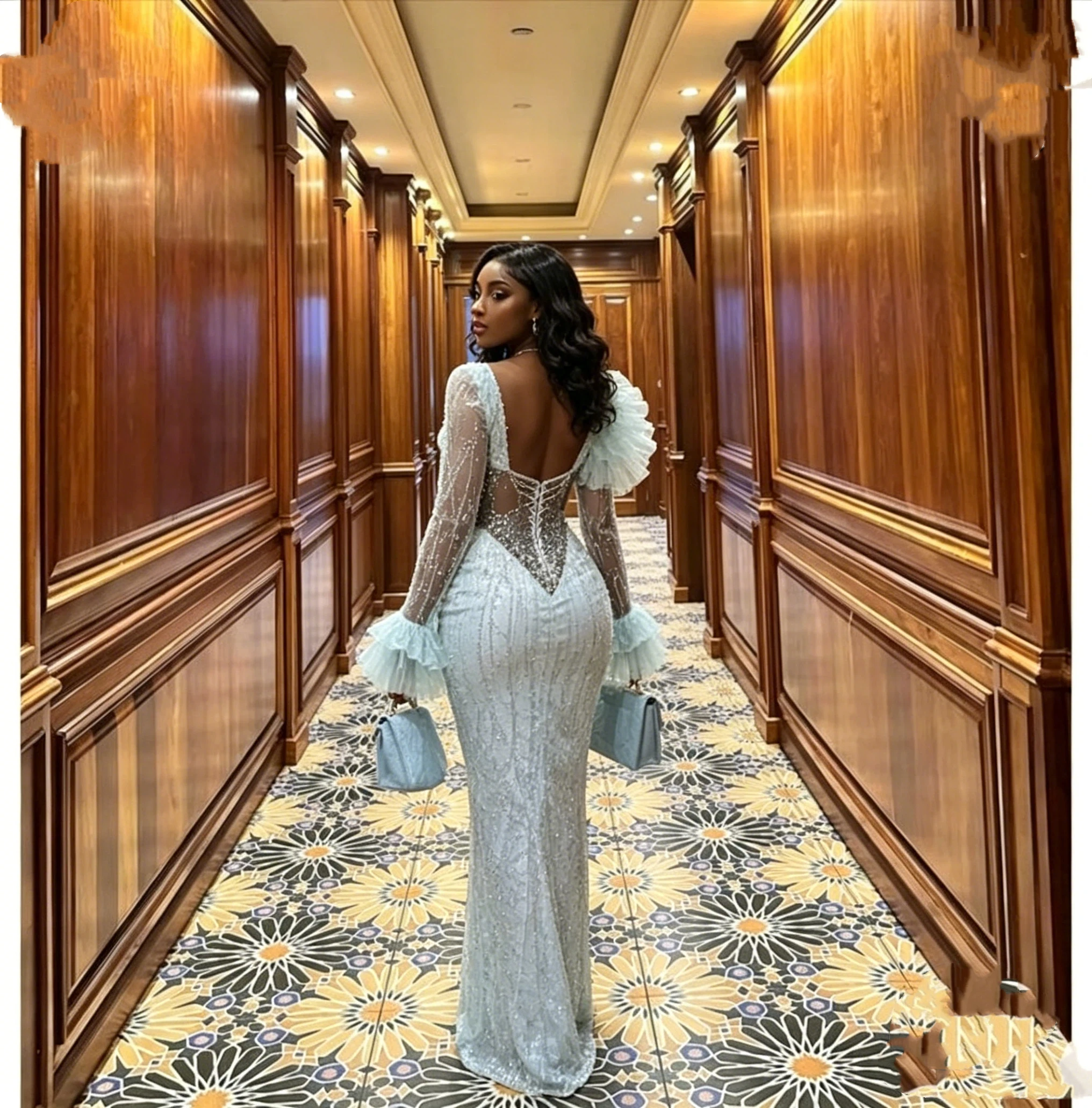Elegant Mermaid Prom Dress Long Sleeve Beaded Ruffle Formal Evening Dress For Women African Wedding Party Dress Customized