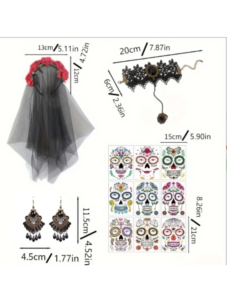 

PESENAR Death Day Headband Halloween Crown Rose Veil Headband Halloween temporary Face tattoo Death skull redtyle)
