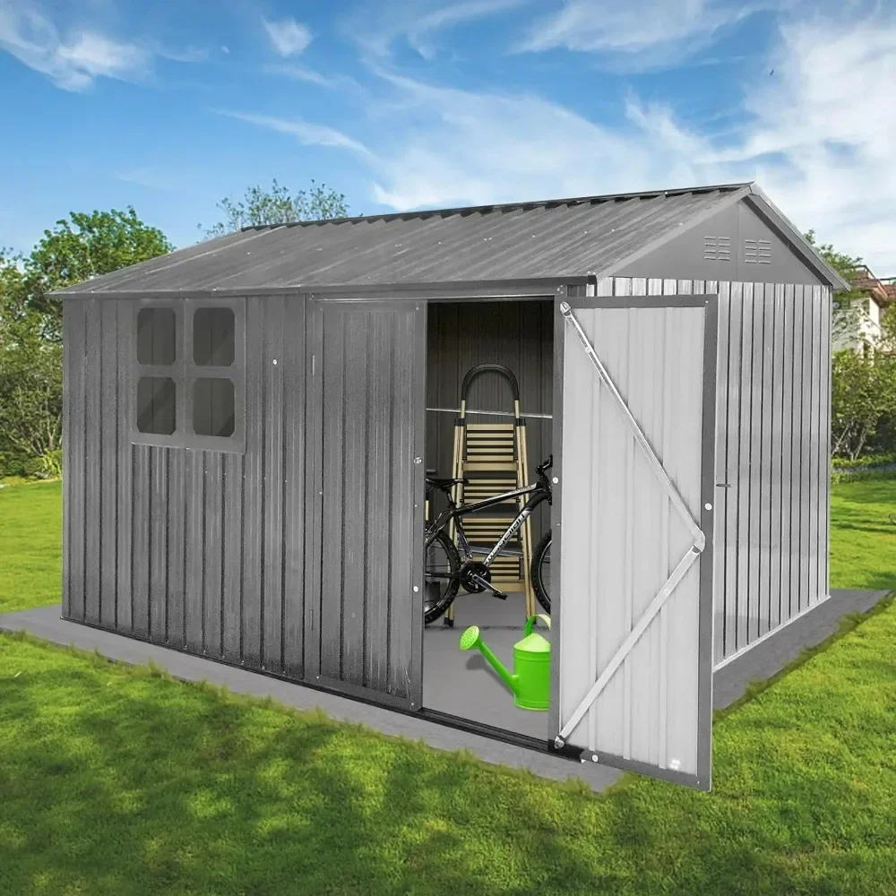 

10 x 8FT Outdoor Storage Shed with Window, Hinged Lockable Door, Padlock & Punched Vents, Metal Shed Storage House