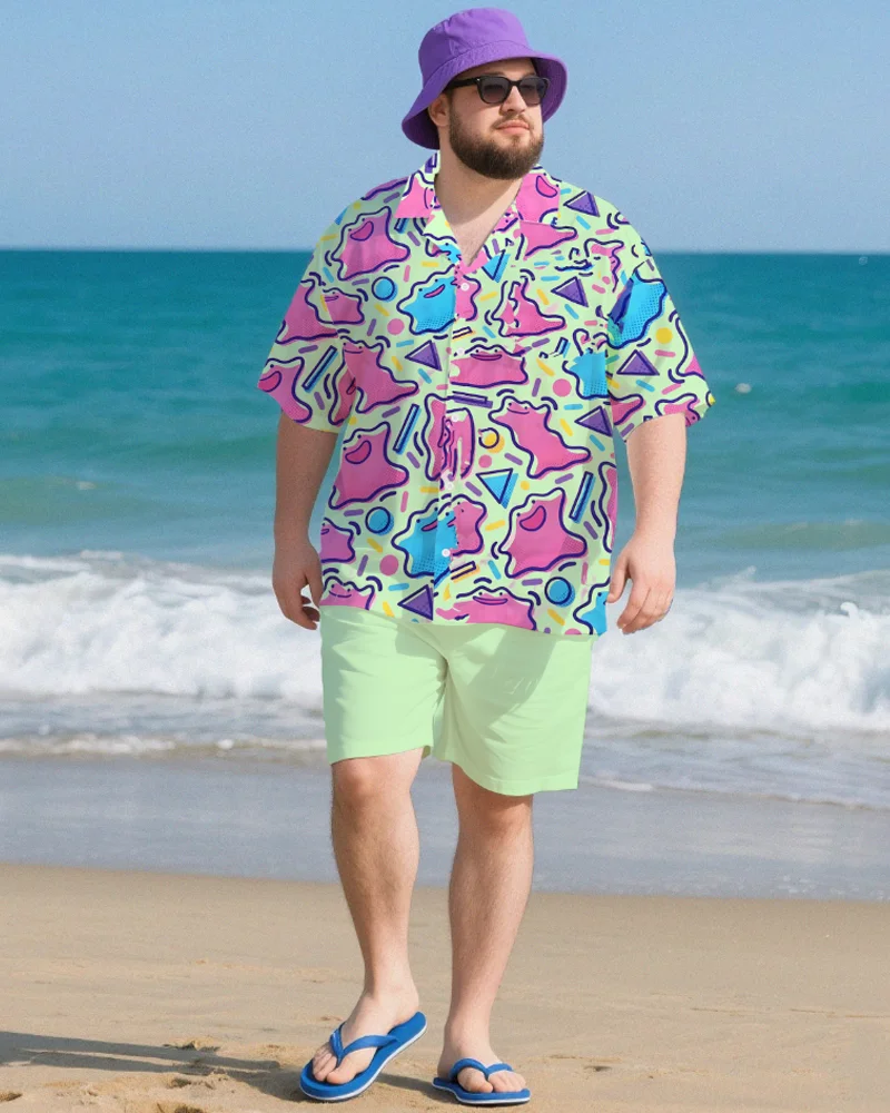 

S-9XL Men's Plus Size Cartoon Print Vacation Short Sleeve Shirt & Shorts 2-Piece Set Tropical Loose Fit Summer