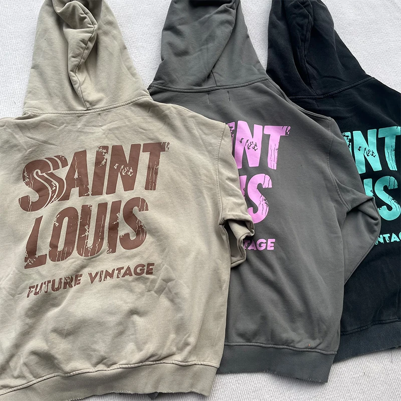 High Quality SAINT LOUIS Splash-ink Letter Print Washed Long Sleeve Zipper Vintage Hoodie Loose Men Women Streetwear