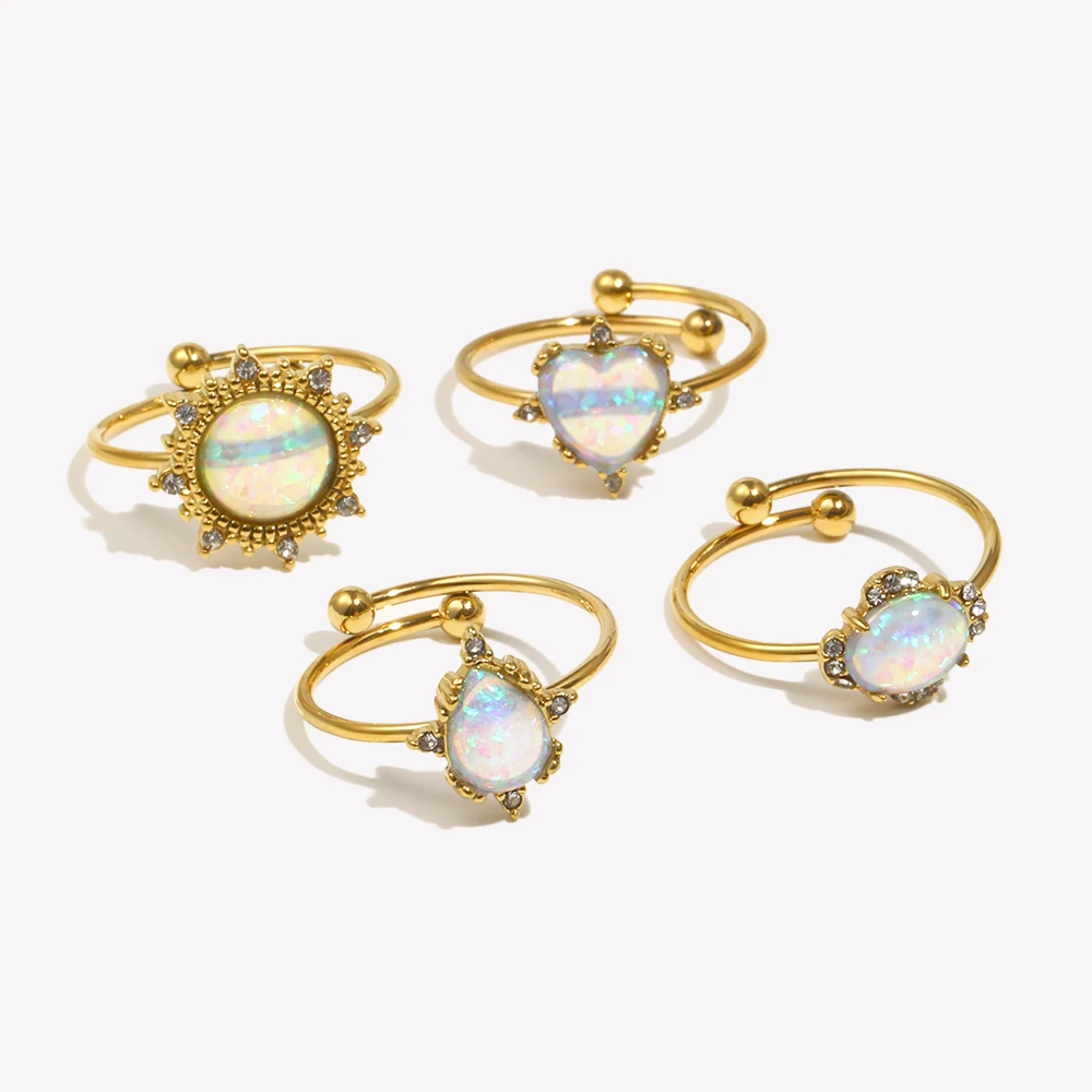 E.B.belle Adjustable Circle Heart Sun Waterdrop Natural Opal Stone Rings For Woman Stainless Steel PVD Plating Gemstone Ring