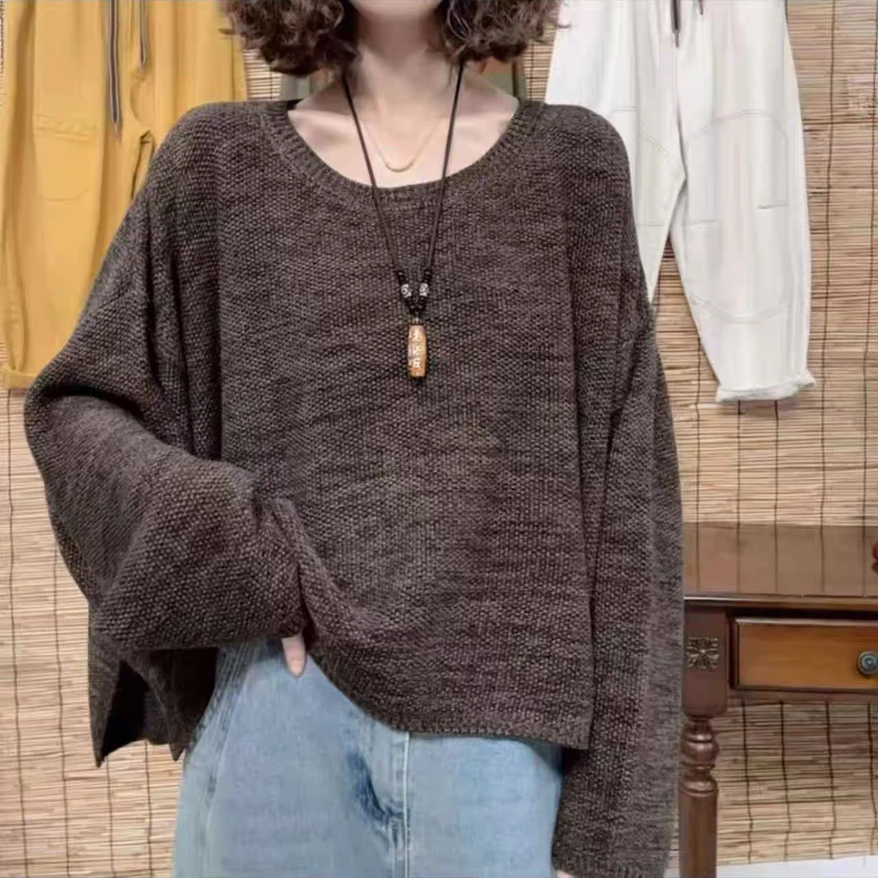 

Casual round Ne Batwing Sve Sweater Vintage Faion Weathered Design Loose Long Sve Knitted Top Korean Sle Cotton B...