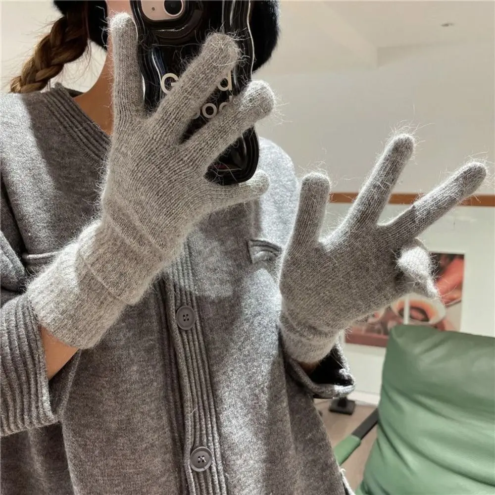 Striped Thermal Knitted Gloves Rabbit Fur Thickened Knitted Gloves Windproof Cold Resistant Split Finger Long Gloves