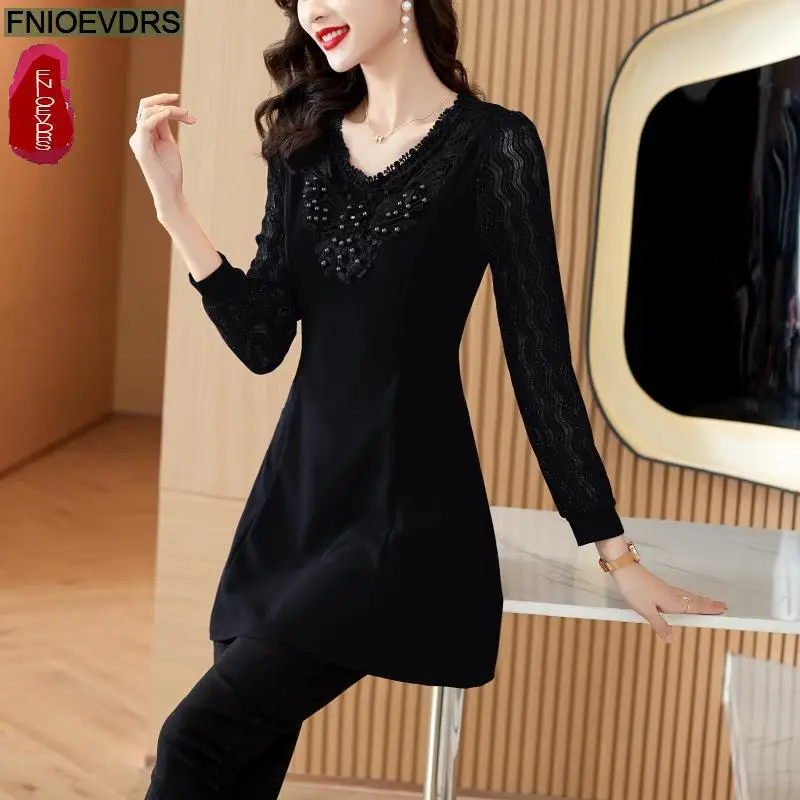 2023 Women Elegant Office Lady Retro Vintage Loose V Neck Peplum Tops Work Peplum Black Lace Long Tunic Basic Shirt Blouse