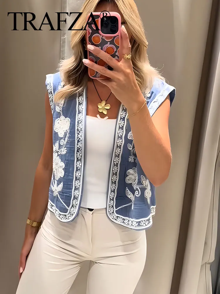 TRAFZA moda donna ricamo floreale gilet blu punto aperto canotta corta donna Casual Vintage capispalla Street femminile Top