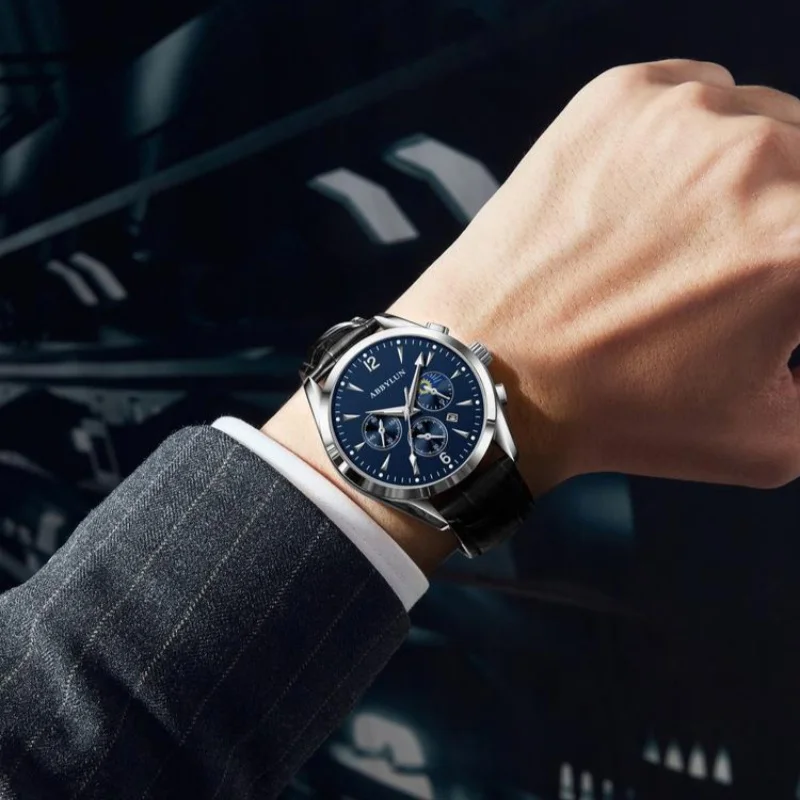 Abbylun-メンズクォーツ時計,ステンレス鋼ストラップ,多機能,3眼,ビジネス,防水,829