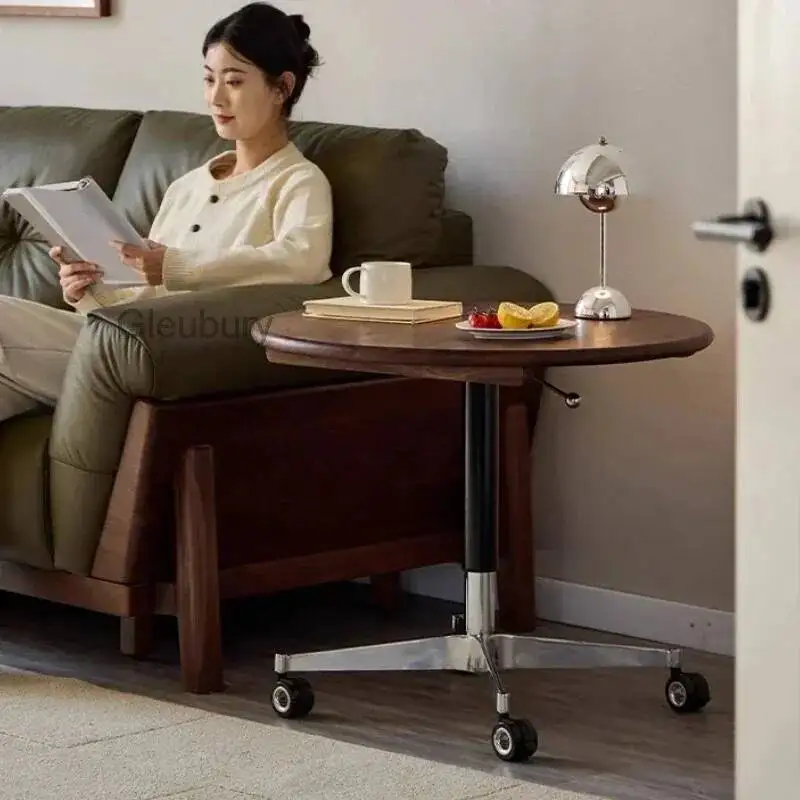 

Black Home Living Room Walnut Furniture Solid Wood Lifting Mobile Small Round Table Corner Tables Coffee Tables Side Table