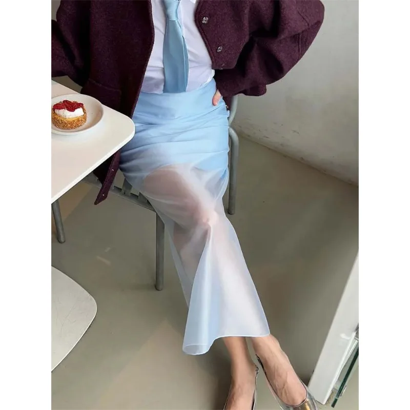 

Летняя прозрачная длинная юбка с высокой талией, женская, облегающая, с пэчворком, повседневная, однотонная, для работы, в стиле Y2K, женская сетчатая юбка макси 2025