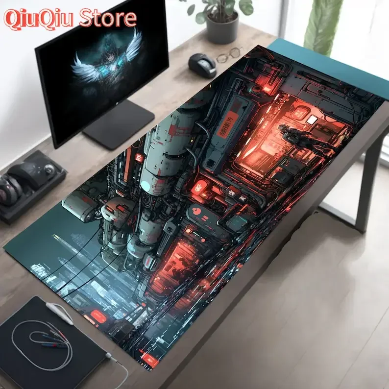 Alas Meja Besar Anime Science Fiction Factory, Alas Mouse Kota Masa Depan, Alas Meja Gaming Gamer PC Keyboard, Alas Mouse, Aksesoris Meja