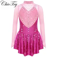 Vestido de baile de patinaje artístico para niñas, leotardo de gimnasia lírica de Ballet, vestido de malla transparente con diamantes de imitación y bloques de Color de manga larga