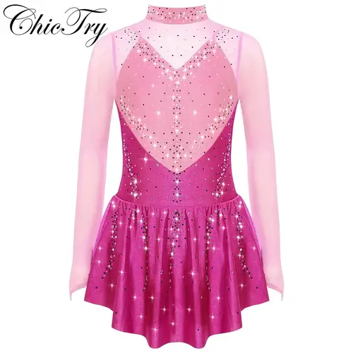 Vestido de baile de patinaje artístico para niñas, leotardo de gimnasia lírica de Ballet, vestido de malla transparente con diamantes de imitación y bloques de Color de manga larga