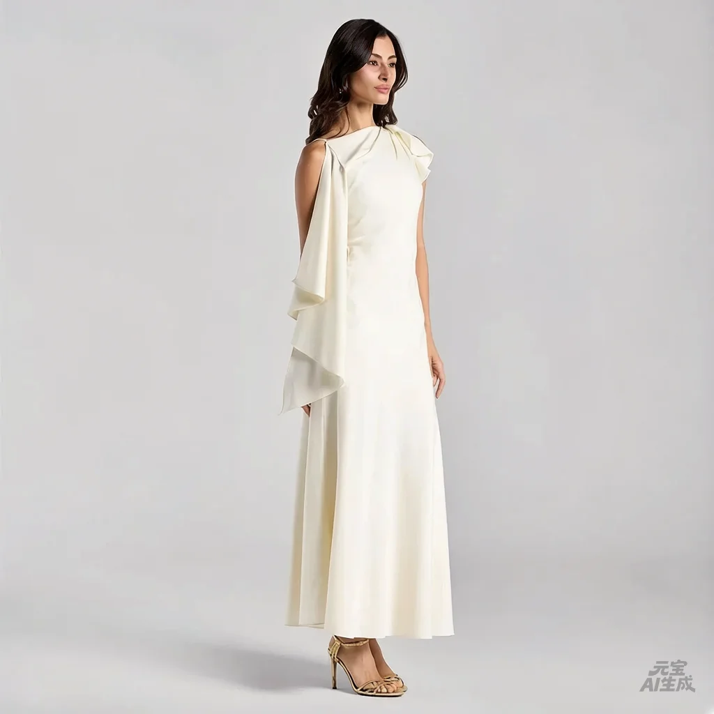 

Ivory Satin Customized Evening Dresses for Women Boat Neck فساتين سهرة A-line Ruffles Sleeveless Formal Party Dress