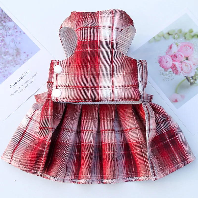 Bow Puppy Cat Dresses Summer Pet Clothes Fashion Plaid JK Dress with Leash Sets for Small Dogs Cats Kitten Clothing ropa gato