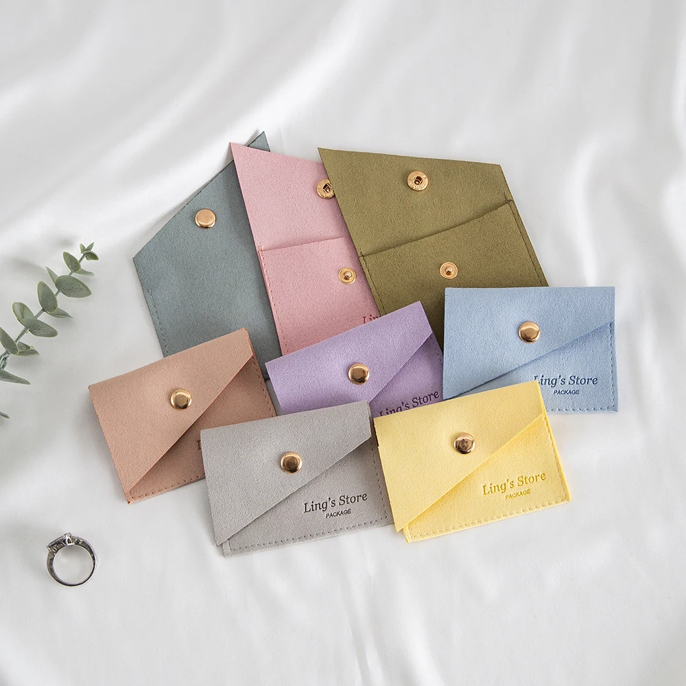 50pcs Lovely Personalized Logo Bevel Microfiber Jewelry Snap Bag For Earring Ring Box Necklace Bracelet Packaging Gift Organizer