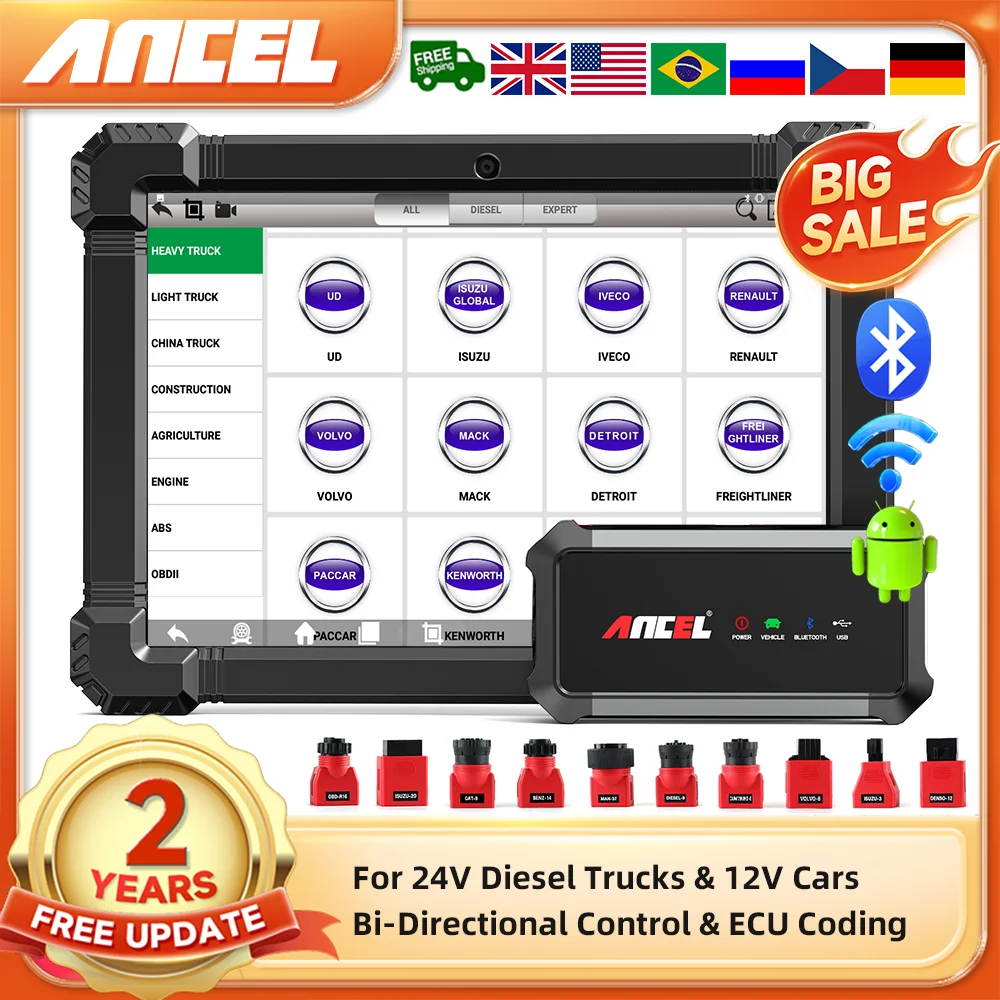 2025 Ancel X7 HD Diesel Heavy Duty Truck Diagnostic Tool ECU Oil Reset Bi-directional 24V 12V All System OBD2 Truck Scanner