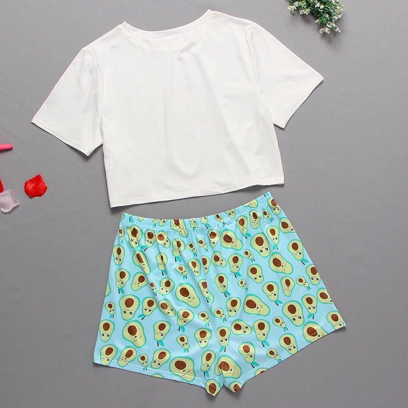 Cartoon Avocado Print Pyjama Set for Women Short-Sleeve T Shirt with Shorts Pajama Sets Summer Pajamas Casual Pijama Sleepwear
