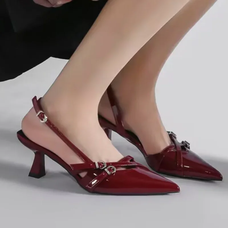 2024 New Summer French Wine Red Pointed Patent Leather Mid-heel Overhead Sandals for Women Retro Skinny Heel Back Empty Shoes