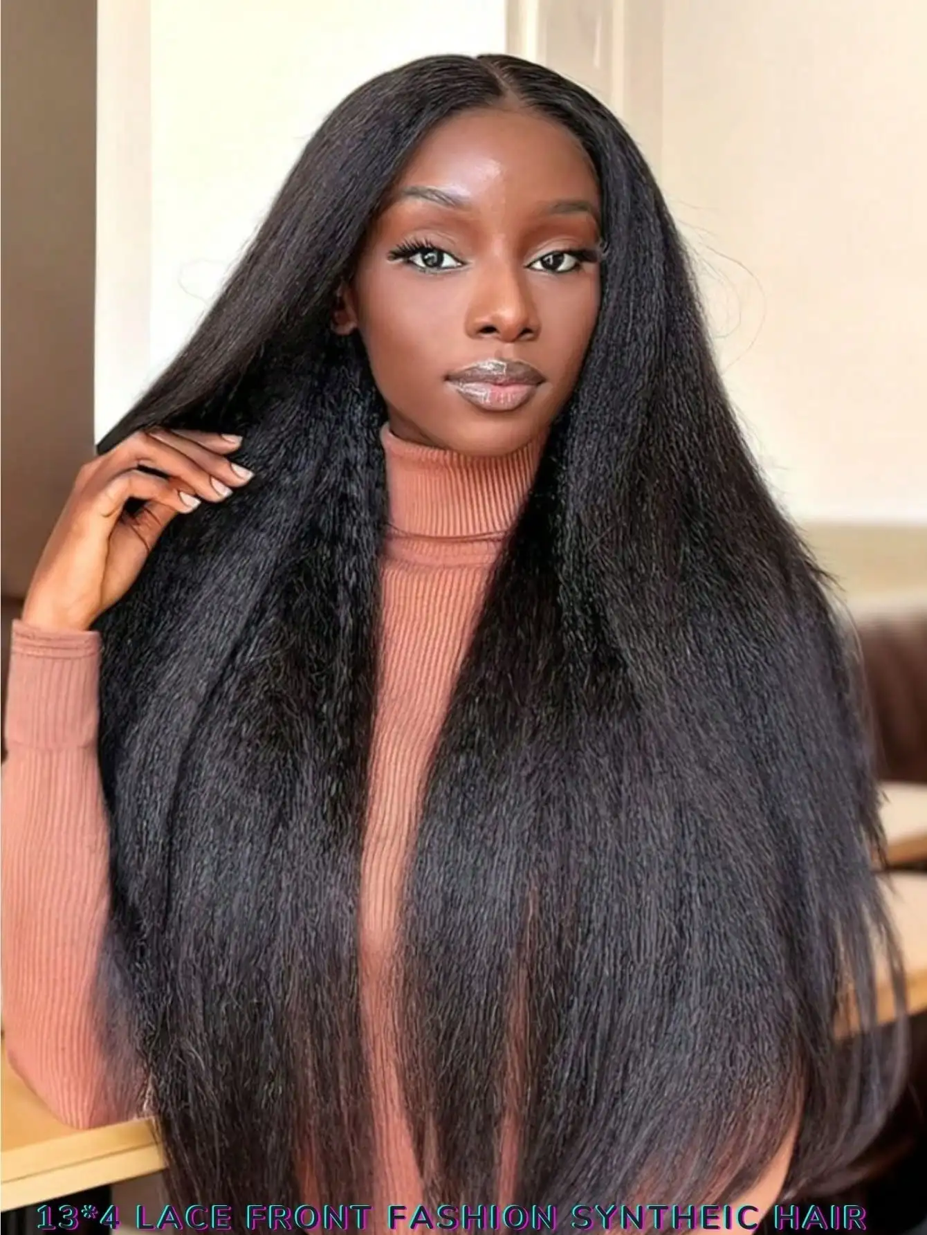 Perruque Lace Front Wig synthétique Yaki longue et douce, cheveux crépus lisses, noir naturel, 13x4, densité 180, sans colle, pour femmes