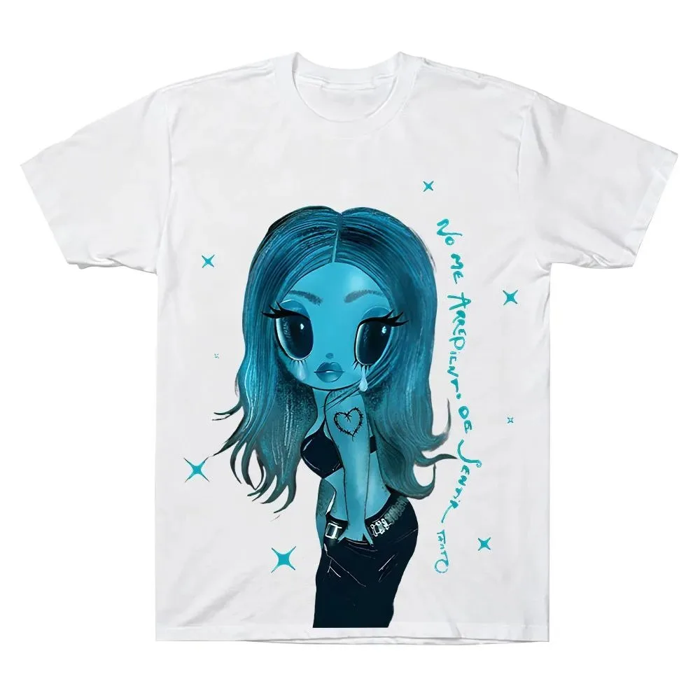 Blue Crying Cartoon Doll Graphic Men T-Shirt Y2K Hip Hop Loose Breathable Daily Streetwear Short Sleeve Tee