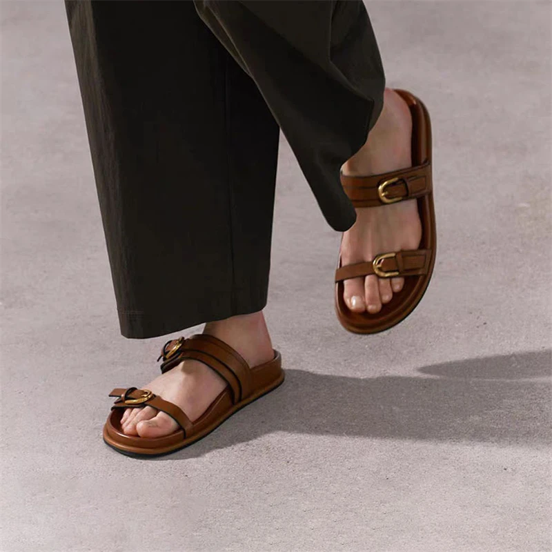 TRAF Brown Flatform Slippers For Woman Casual Metal Buckle Straps Upper Thick Sole Flat Sandals Women Round Head Open Toe Shoes
