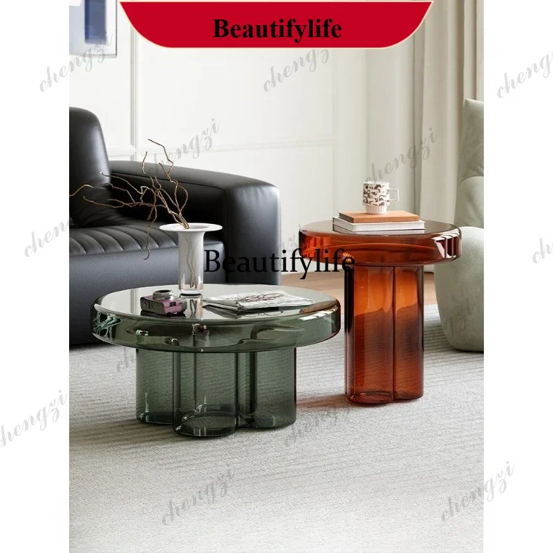 Tempered glass coffee table living room high and low combination coffee table blowing process round creative art coffee table p1