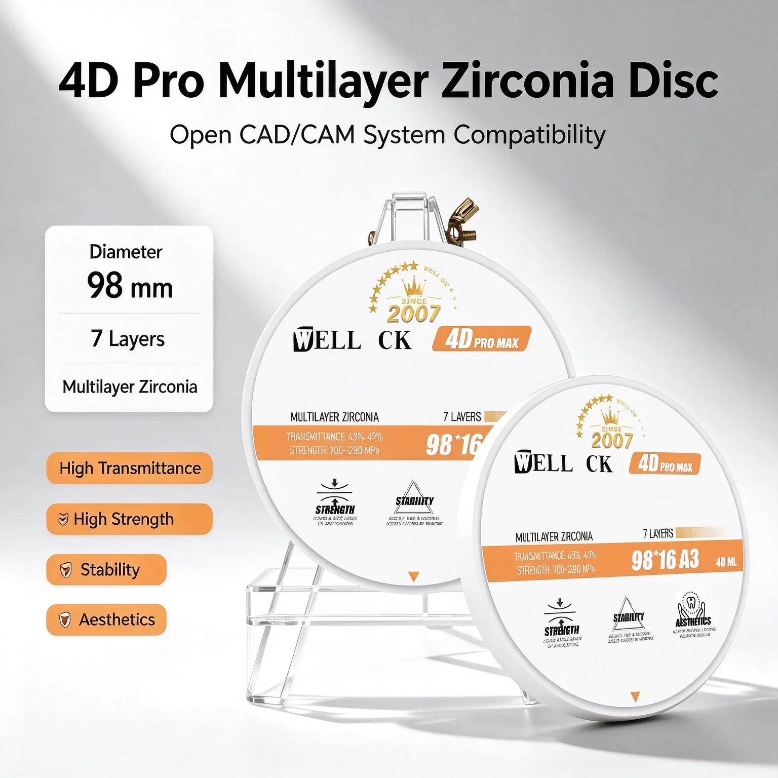 Well CK Dental Zirconia Block 4D pro Multilayer 98mm Zirconium Disc for CAD/CAM Dental Lab Multilayer Dental Zirconia Disc