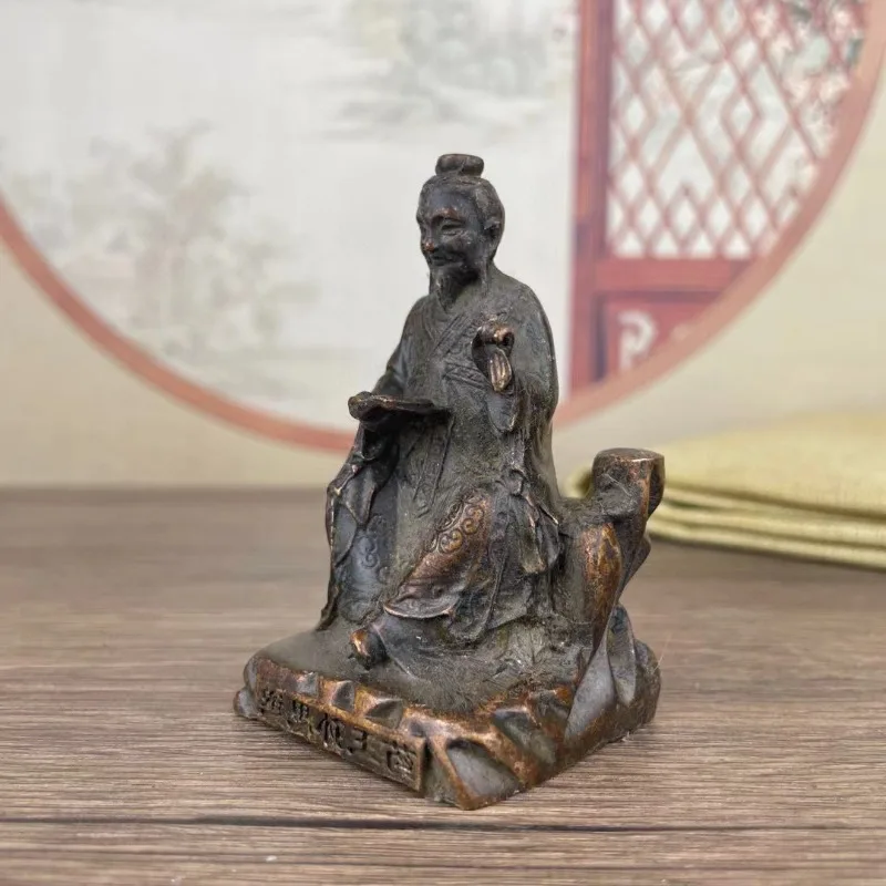 Antique Metal Sitting Wise Man Sculpture Traditional Chinese Elder Statue Home Office Desktop Vintage Study Decor Ornament