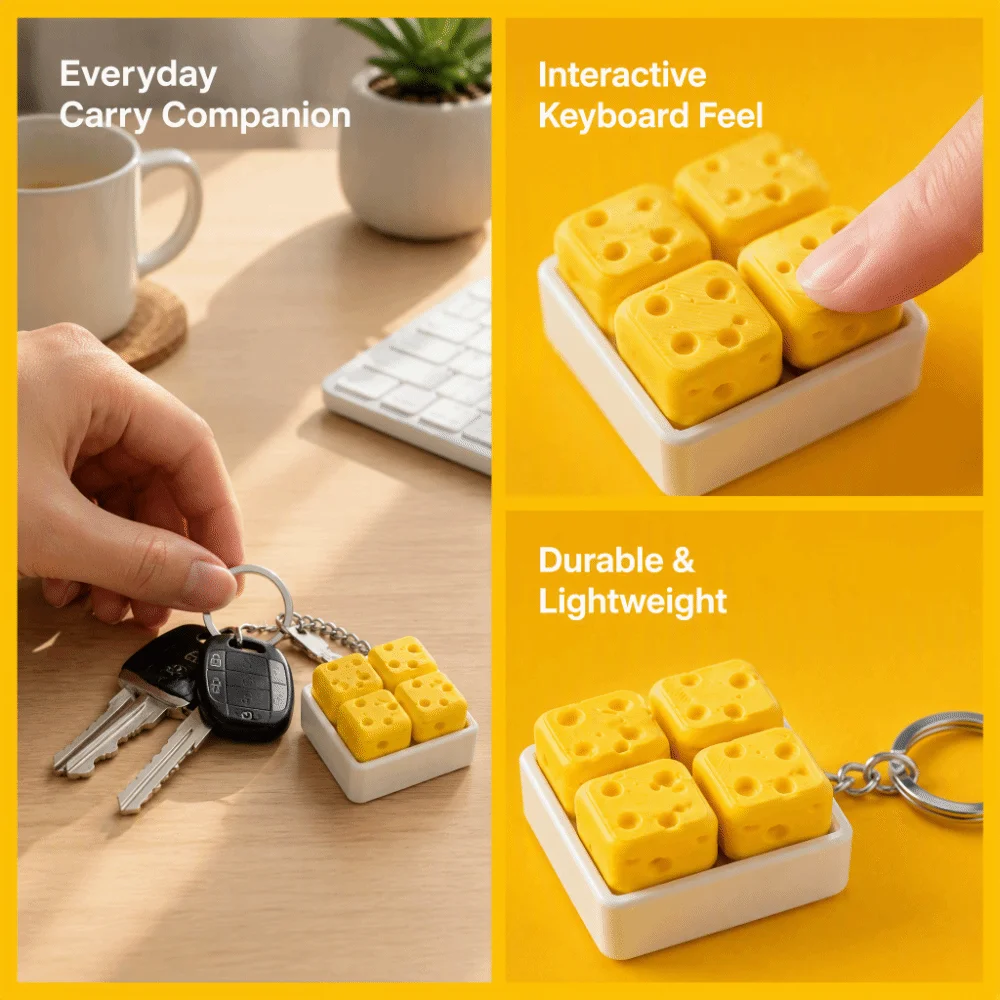 Funny Cheese Clicker Fidget Keychain Portable Squeeze Sound 4 Keys Cheese Keyboard Button Press Tactile