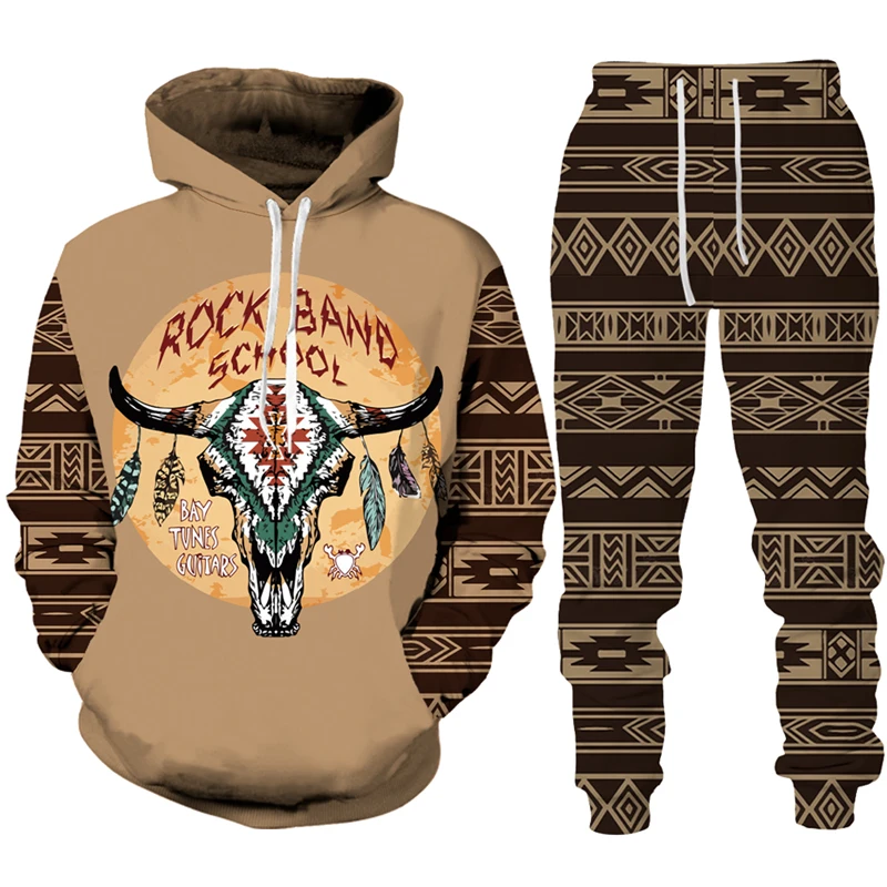 Vintage Tribal Cow Print Tracksuit Set Man Woman Hoodie+Pants 2pcs Set Fashion Casual Western Cowboy Hip Hop Streetwear Clothes