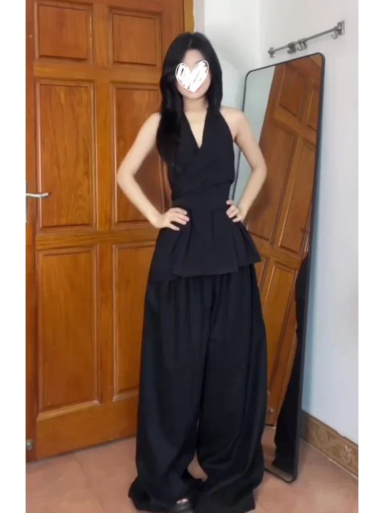 

Summer Unique Beautiful Casual Sleeveless V-Neck Women's Set High Waist Loose Pants Versatile Fashion Ensemble
