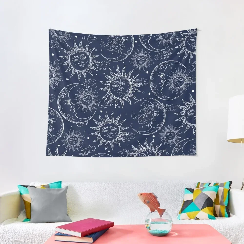 

Blue Magic White Celestial Sun Moon Stars Tapestry Bedroom Deco Room Decor Tapestry